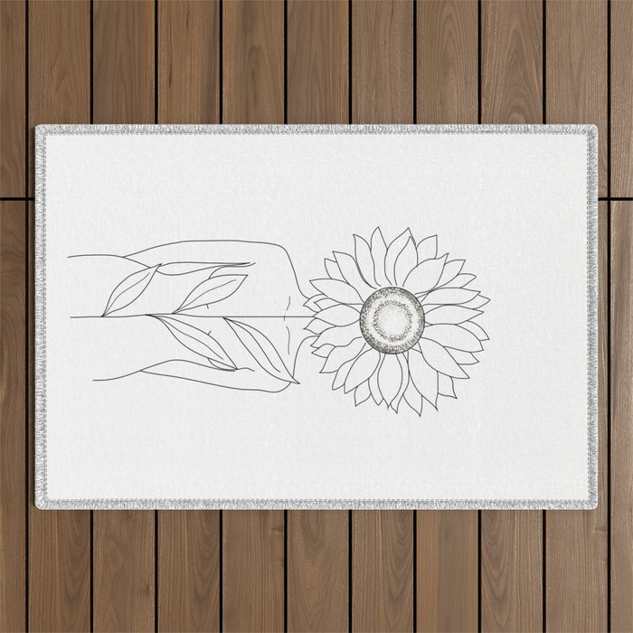 Minimalistic Line Art of Woman with Sunflower Outdoor Rug Gallery Image 1