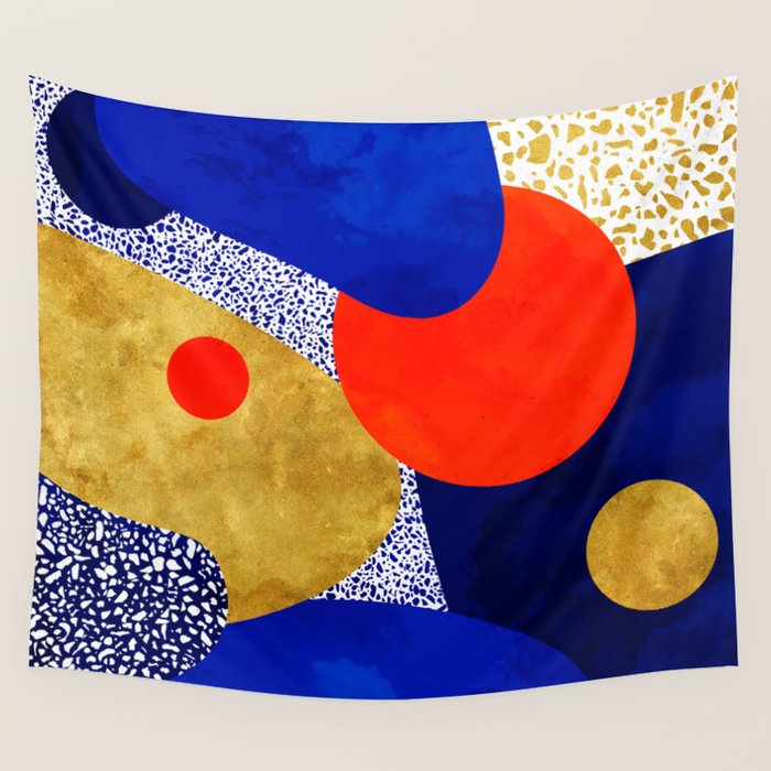 Terrazzo galaxy blue night yellow gold orange Wall Tapestry Gallery Image 4