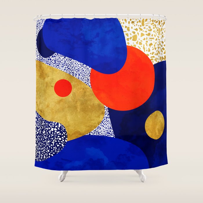 Terrazzo galaxy blue night yellow gold orange Shower Curtain Gallery Image 1