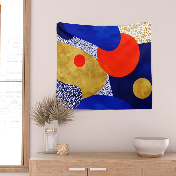 Terrazzo galaxy blue night yellow gold orange Wall Tapestry Gallery Image 2