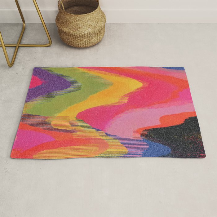 Retro Glitch Wavy Abstract Pattern in Neon Rainbow Rug Gallery Image 1