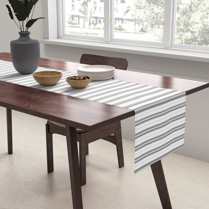 Smoke Grey and White Micro Vertical Vintage English Country Cottage Ticking Stripe Table Runner Gallery Image 2