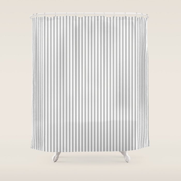 Smoke Grey and White Micro Vertical Vintage English Country Cottage Ticking Stripe Shower Curtain Gallery Image 1