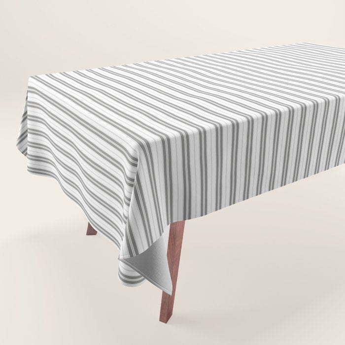 Smoke Grey and White Micro Vertical Vintage English Country Cottage Ticking Stripe Tablecloth Gallery Image 1