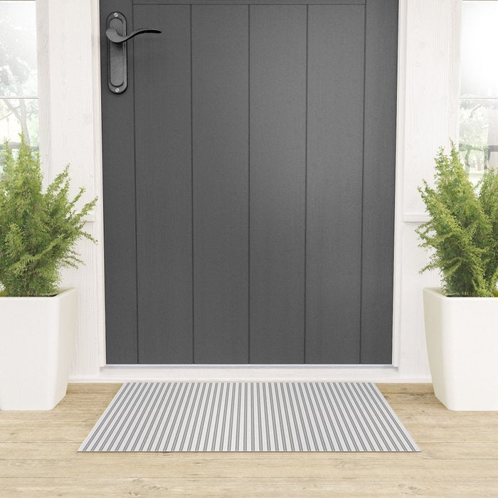 Smoke Grey and White Micro Vertical Vintage English Country Cottage Ticking Stripe Welcome Mat Gallery Image 3