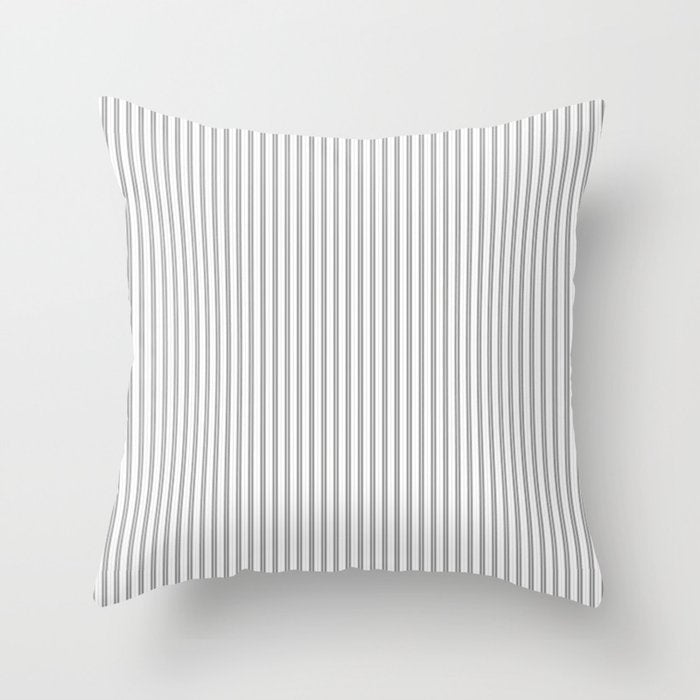 Smoke Grey and White Micro Vertical Vintage English Country Cottage Ticking Stripe Throw Pillow Gallery Image 1
