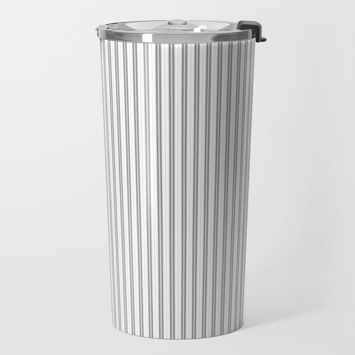 Smoke Grey and White Micro Vertical Vintage English Country Cottage Ticking Stripe Travel Mug Gallery Image 2