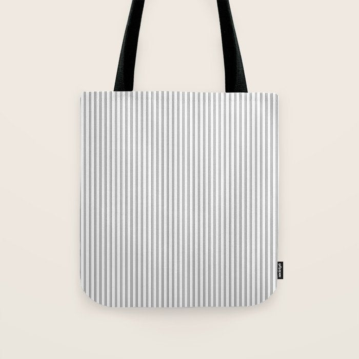 Smoke Grey and White Micro Vertical Vintage English Country Cottage Ticking Stripe Tote Bag Gallery Image 1