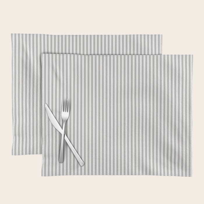 Smoke Grey and White Micro Vertical Vintage English Country Cottage Ticking Stripe Placemat Gallery Image 1