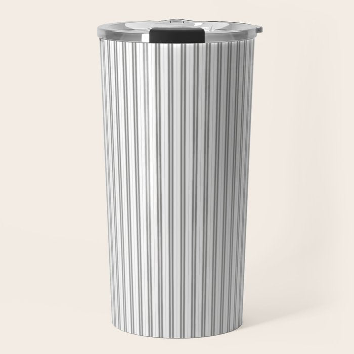 Smoke Grey and White Micro Vertical Vintage English Country Cottage Ticking Stripe Travel Mug Gallery Image 1