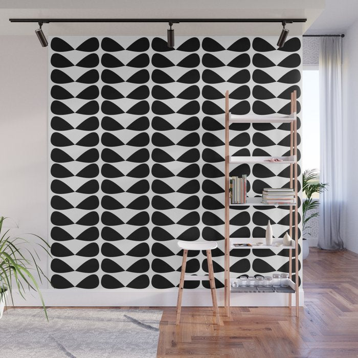 Mod Leaves Mid Century Modern Pattern in Black and White Wall Mural Gallery Image 1