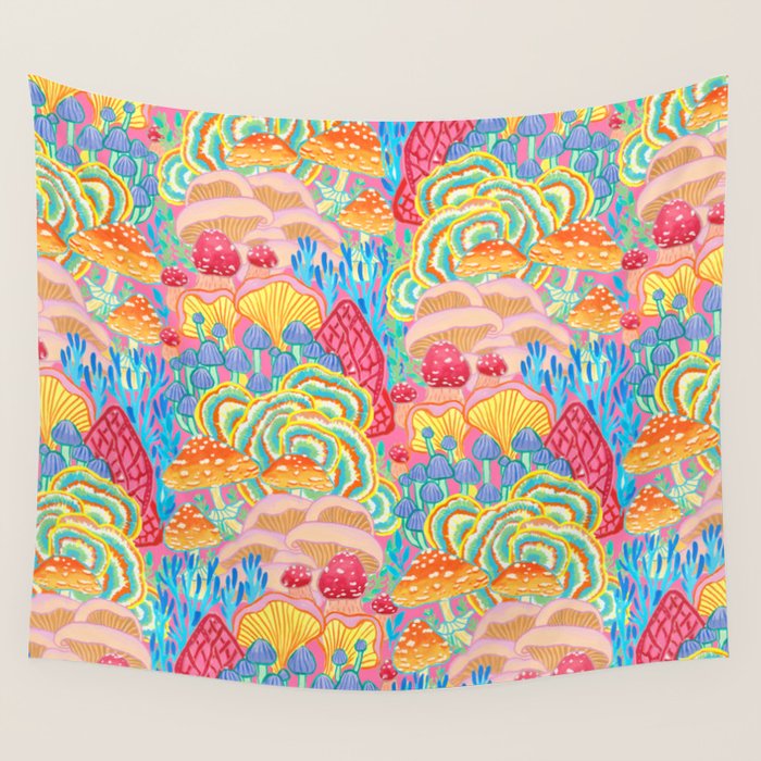 Fungi World (Mushroom world) -PINK Wall Tapestry Gallery Image 1