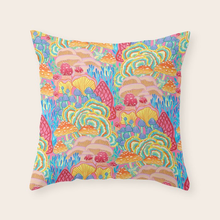 Fungi World (Mushroom world) -PINK Throw Pillow Gallery Image 6