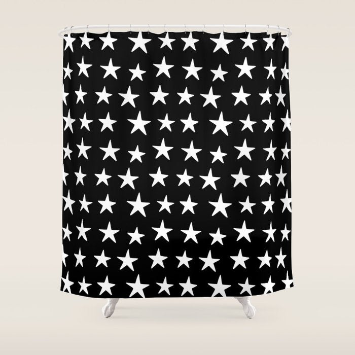Star Pattern White On Black Shower Curtain Gallery Image 1
