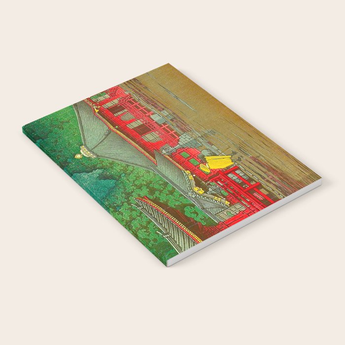 Vintage Japanese Woodblock Print Rainy Day At The Shinto Shrine Tall Pine trees Yellow Rain Coat Notebook Gallery Image 2