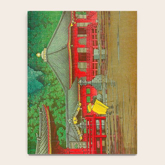 Vintage Japanese Woodblock Print Rainy Day At The Shinto Shrine Tall Pine trees Yellow Rain Coat Notebook Gallery Image 4