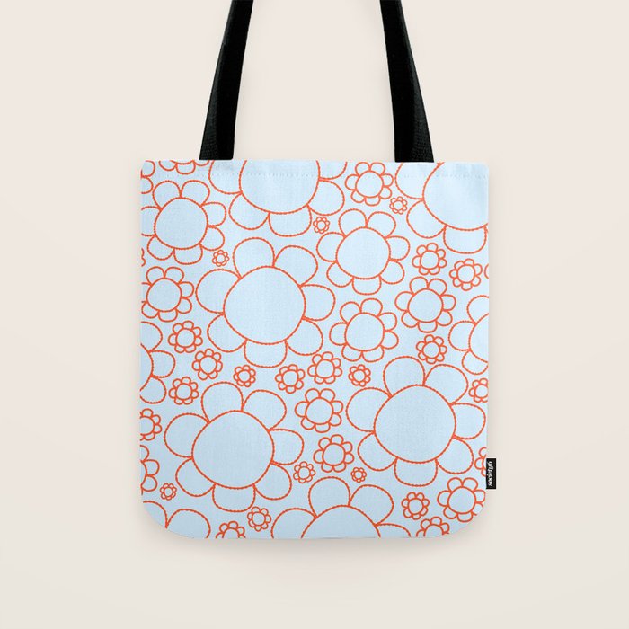 Cheerful Doodle Flowers Pattern in Ice Blue and Orange Tote Bag Gallery Image 1