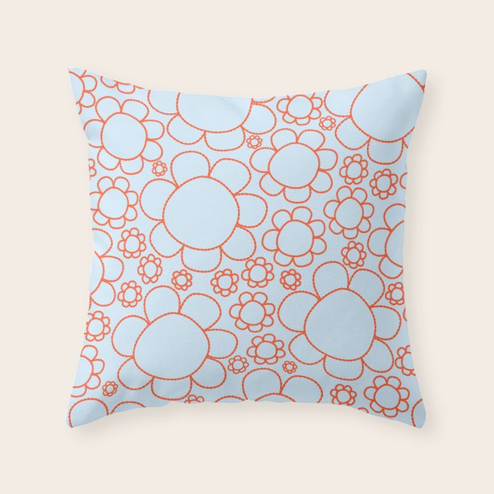 Cheerful Doodle Flowers Pattern in Ice Blue and Orange Throw Pillow Gallery Image 1