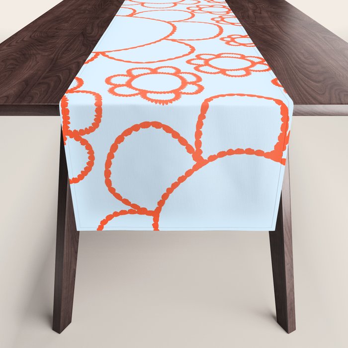 Cheerful Doodle Flowers Pattern in Ice Blue and Orange Table Runner Gallery Image 1