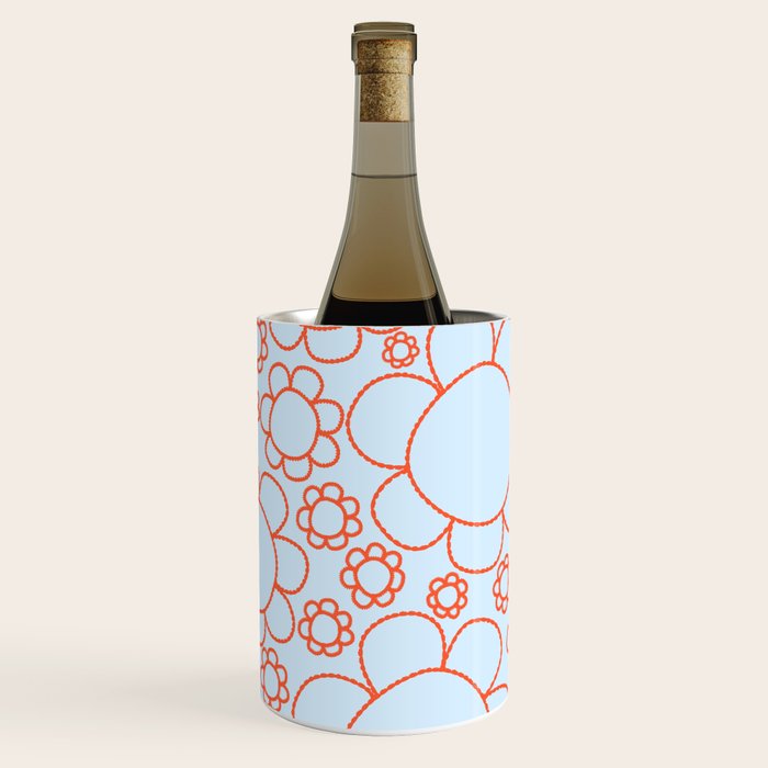 Cheerful Doodle Flowers Pattern in Ice Blue and Orange Wine Chiller Gallery Image 2