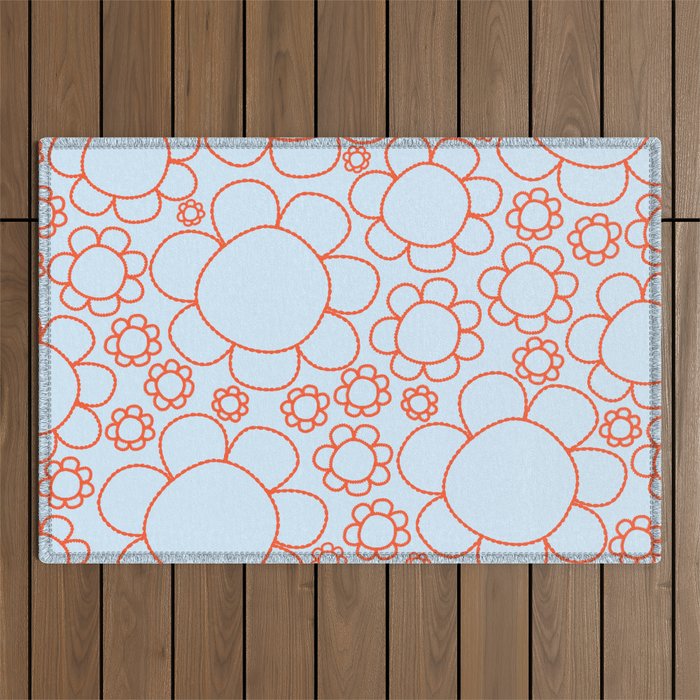 Cheerful Doodle Flowers Pattern in Ice Blue and Orange Outdoor Rug Gallery Image 1