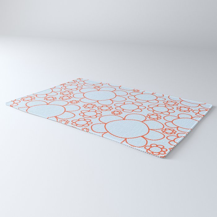 Cheerful Doodle Flowers Pattern in Ice Blue and Orange Rug Gallery Image 3