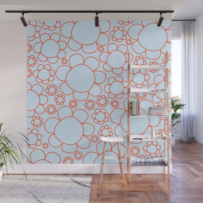 Cheerful Doodle Flowers Pattern in Ice Blue and Orange Wall Mural Gallery Image 1