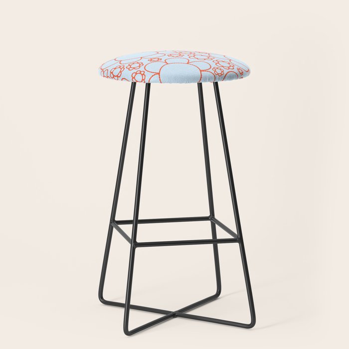 Cheerful Doodle Flowers Pattern in Ice Blue and Orange Stool Gallery Image 1