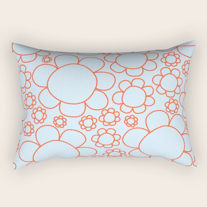 Cheerful Doodle Flowers Pattern in Ice Blue and Orange Rectangular Pillow Gallery Image 2