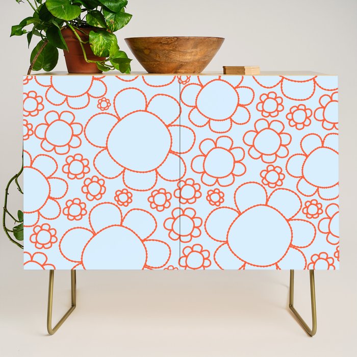 Cheerful Doodle Flowers Pattern in Ice Blue and Orange Credenza Gallery Image 1