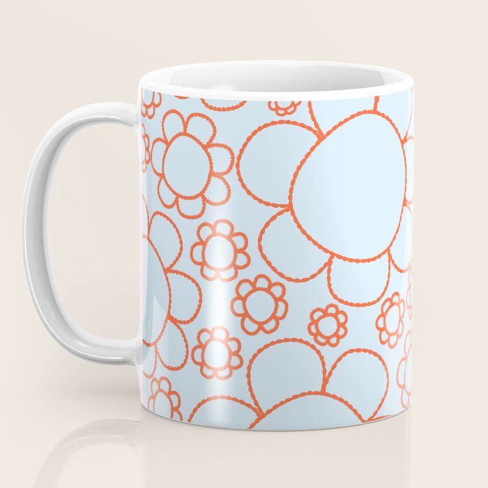 Cheerful Doodle Flowers Pattern in Ice Blue and Orange Coffee Mug Gallery Image 3
