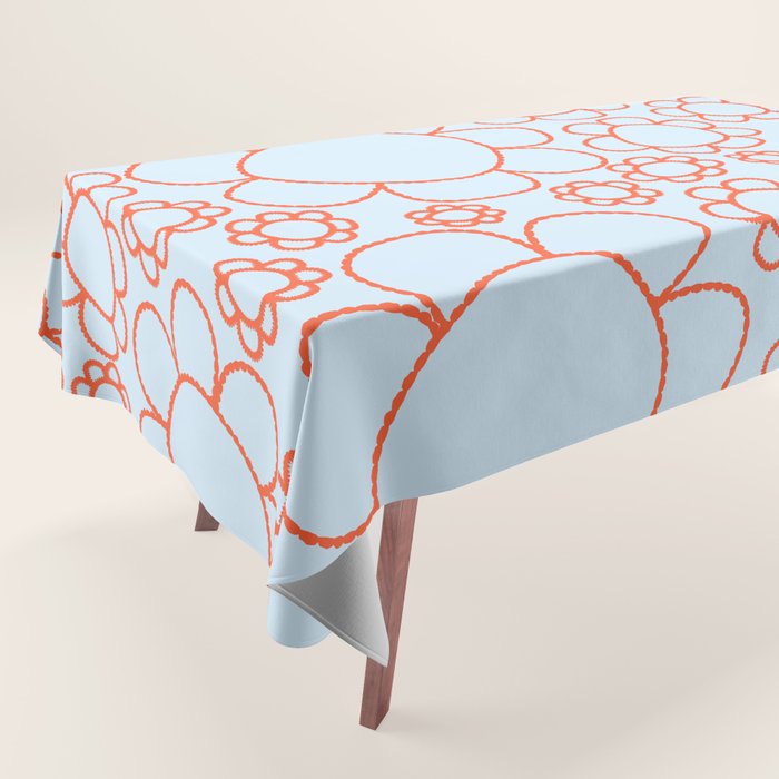 Cheerful Doodle Flowers Pattern in Ice Blue and Orange Tablecloth Gallery Image 1