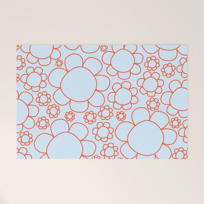 Cheerful Doodle Flowers Pattern in Ice Blue and Orange Welcome Mat Gallery Image 1