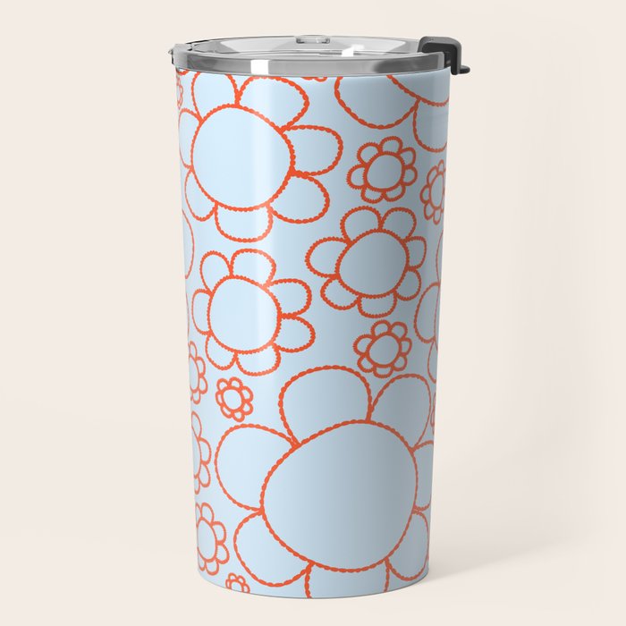 Cheerful Doodle Flowers Pattern in Ice Blue and Orange Travel Mug Gallery Image 2