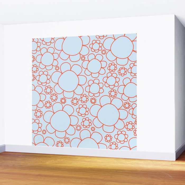 Cheerful Doodle Flowers Pattern in Ice Blue and Orange Wall Mural Gallery Image 2