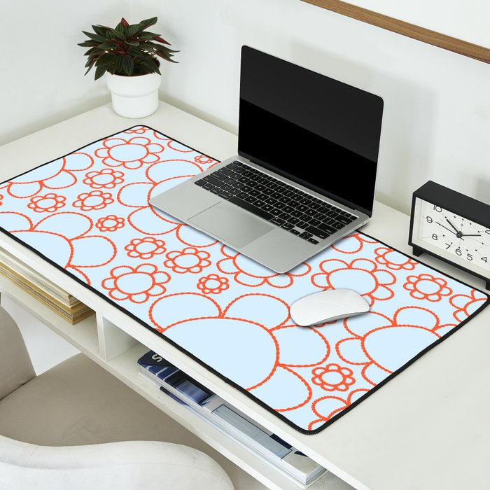 Cheerful Doodle Flowers Pattern in Ice Blue and Orange Desk Mat Gallery Image 2