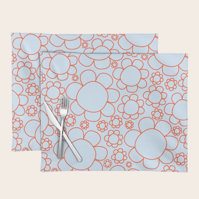 Cheerful Doodle Flowers Pattern in Ice Blue and Orange Placemat Gallery Image 1