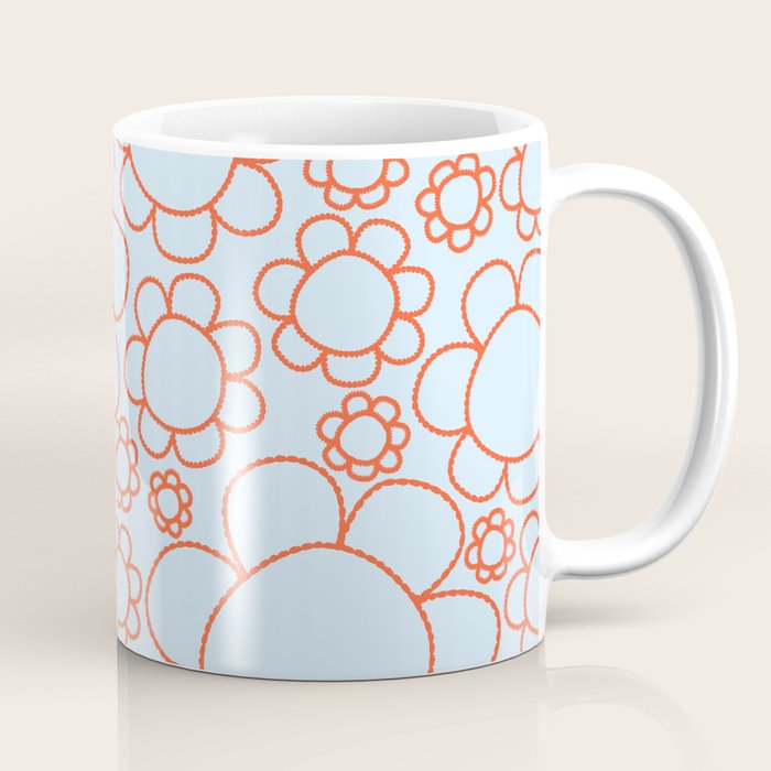 Cheerful Doodle Flowers Pattern in Ice Blue and Orange Coffee Mug Gallery Image 1