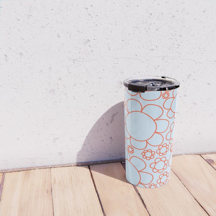 Cheerful Doodle Flowers Pattern in Ice Blue and Orange Travel Mug Gallery Image 4
