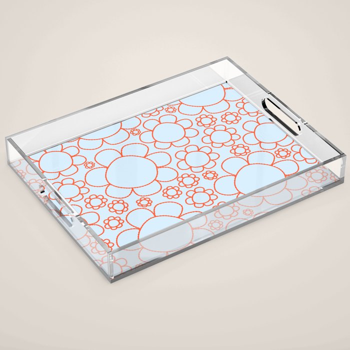Cheerful Doodle Flowers Pattern in Ice Blue and Orange Acrylic Tray Gallery Image 1