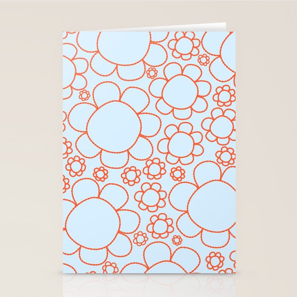 Cheerful Doodle Flowers Pattern in Ice Blue and Orange Stationery Card Gallery Image 2
