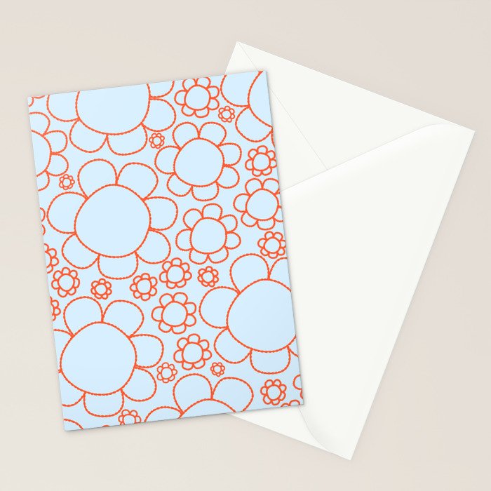 Cheerful Doodle Flowers Pattern in Ice Blue and Orange Stationery Card Gallery Image 2