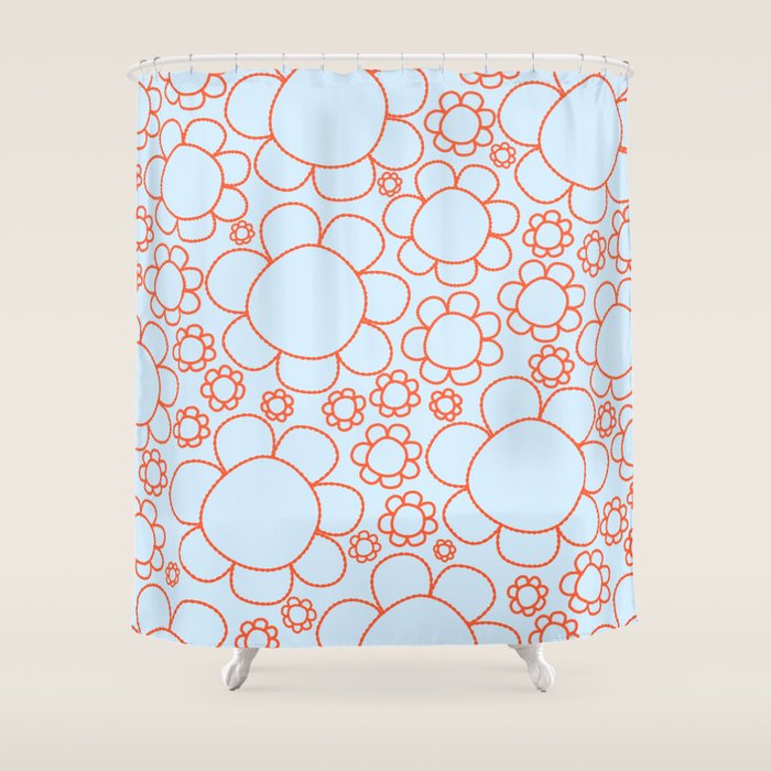 Cheerful Doodle Flowers Pattern in Ice Blue and Orange Shower Curtain Gallery Image 1