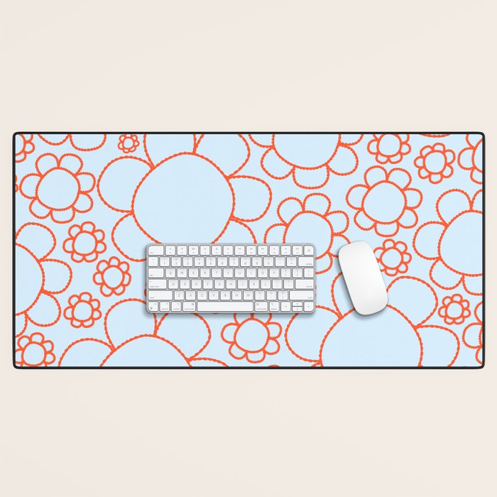 Cheerful Doodle Flowers Pattern in Ice Blue and Orange Desk Mat Gallery Image 1