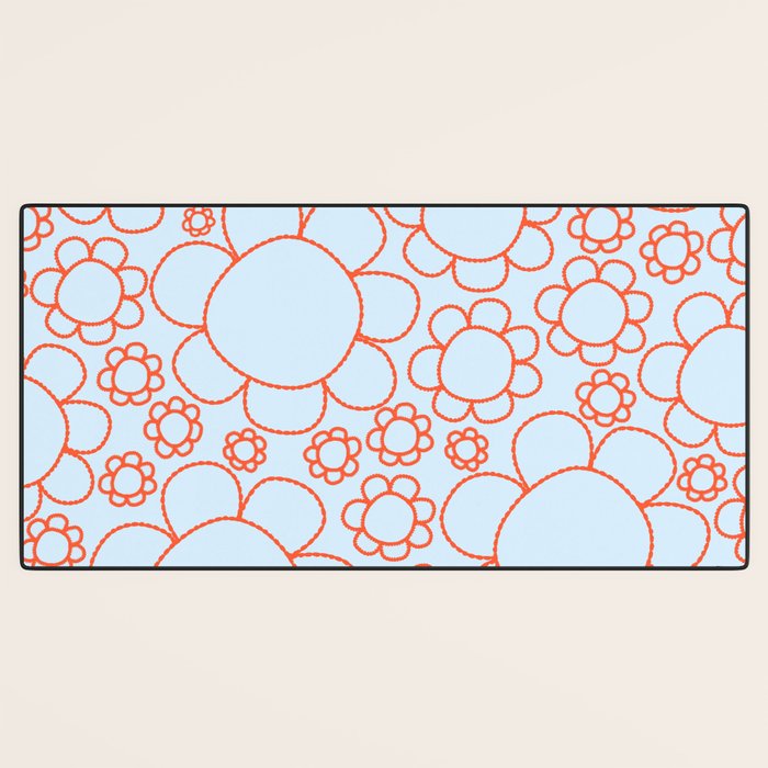 Cheerful Doodle Flowers Pattern in Ice Blue and Orange Desk Mat Gallery Image 3