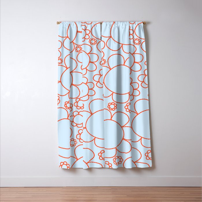 Cheerful Doodle Flowers Pattern in Ice Blue and Orange Window Curtain Gallery Image 3