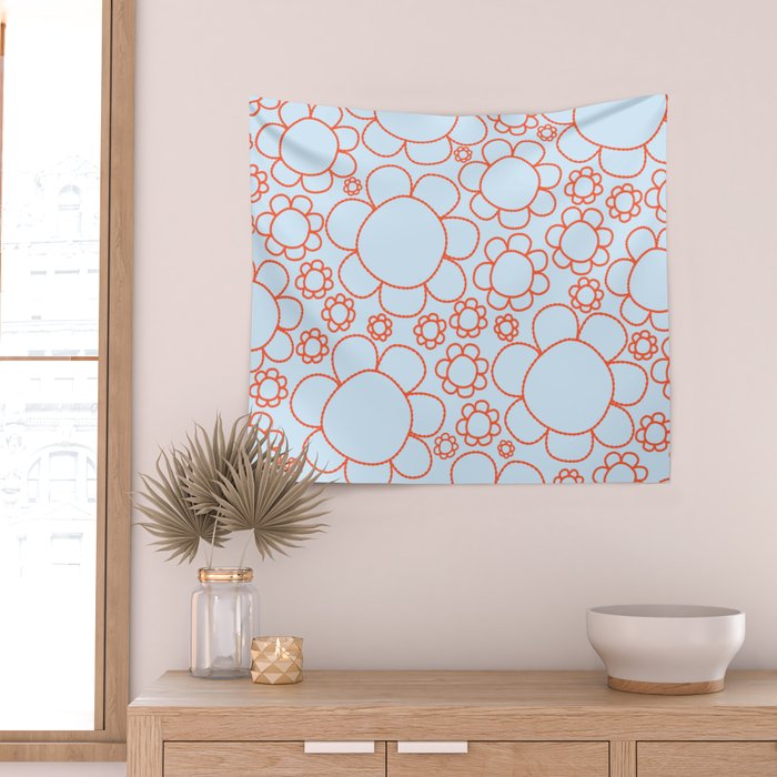 Cheerful Doodle Flowers Pattern in Ice Blue and Orange Wall Tapestry Gallery Image 2