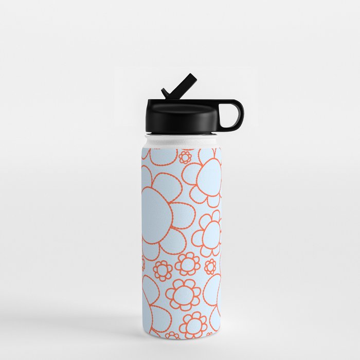 Cheerful Doodle Flowers Pattern in Ice Blue and Orange Water Bottle Gallery Image 1