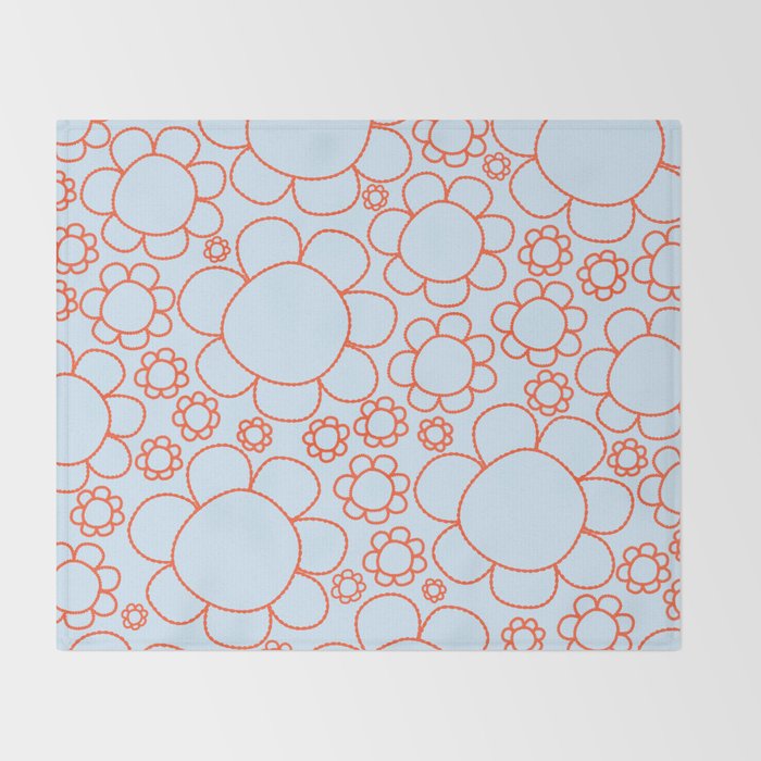 Cheerful Doodle Flowers Pattern in Ice Blue and Orange Throw Blanket Gallery Image 2