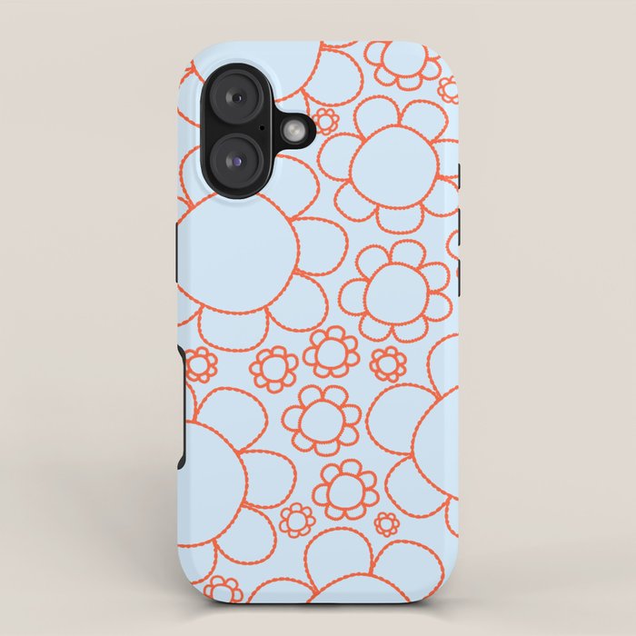 Cheerful Doodle Flowers Pattern in Ice Blue and Orange iPhone Case Gallery Image 1